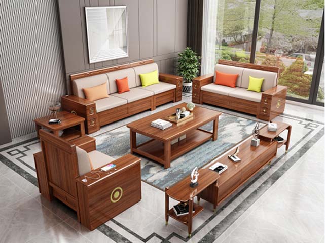 Walnut-Toned Rectangular Solid Wood Coffee Table with Open Lower Storage Shelf