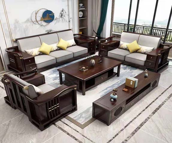 New Chinese Style Dark Wood TV Media Console with Open AV Compartment and Storage Drawers