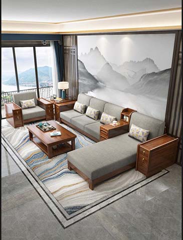 New-Chinese Style Walnut-Finish Solid Wood Frame Grey Fabric L-Shaped Sectional Sofa Set with Storage Armrests and Matching Armchair