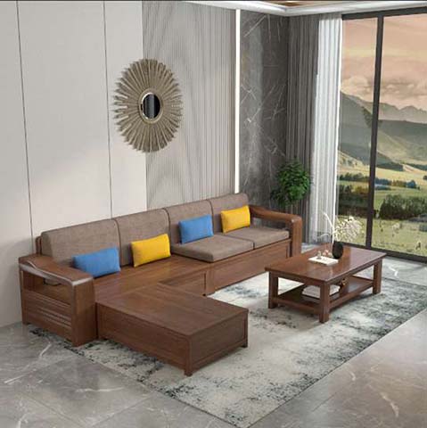 Walnut-Tone Solid Wood Frame L-Shaped Fabric Sectional Sofa with Pull-Out Footrest