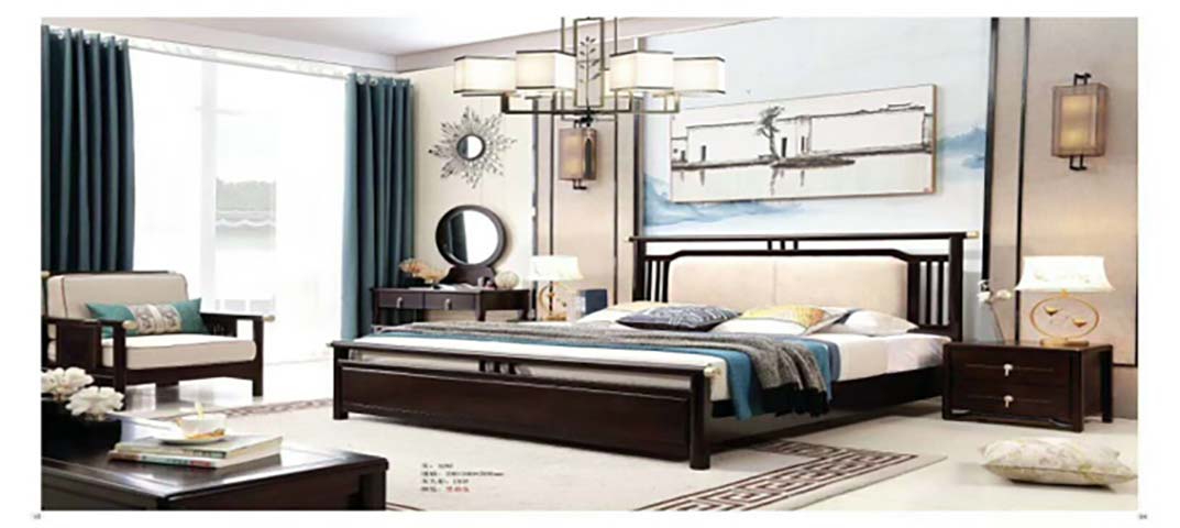 New Chinese Style Dark Solid Wood Upholstered King Bed Frame