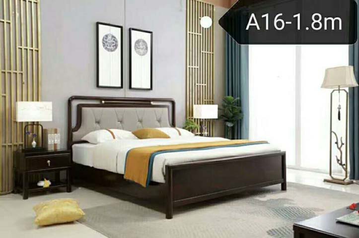 New Chinese Style Solid Wood Upholstered Tufted Headboard Double Bed