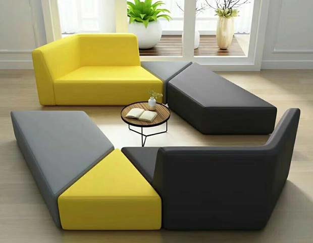 Two-Tone Yellow Dark Gray Trapezoid Modular U-Shape Floor Lounge Sofa Set with Center Side Table