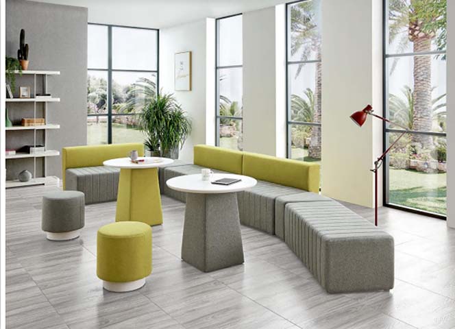 Modular Lounge Banquette Seating Set with Round Tables and Ottomans