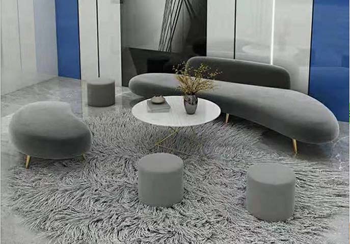 Contemporary Curved Grey Velvet Lounge Sofa Set with Matching Ottomans