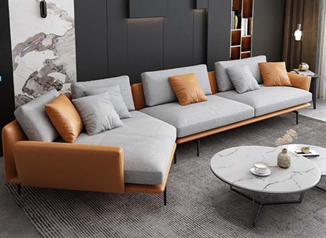 Modern L-Shaped Left-Chaise Sectional Sofa, Grey Fabric with Orange Faux Leather Trim