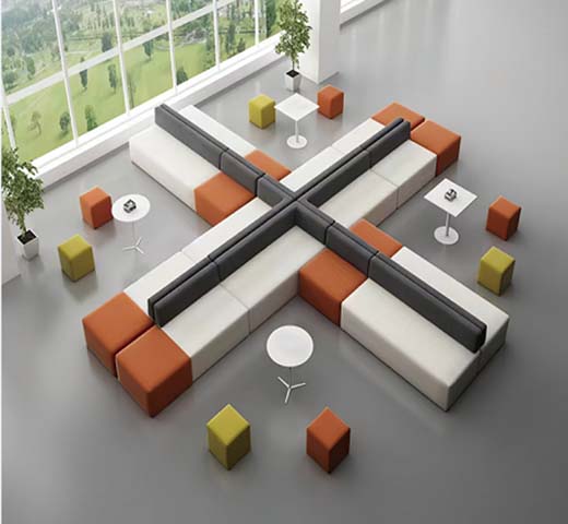 X-Shaped Modular Lobby Lounge Seating Set with Ottomans and Side Tables