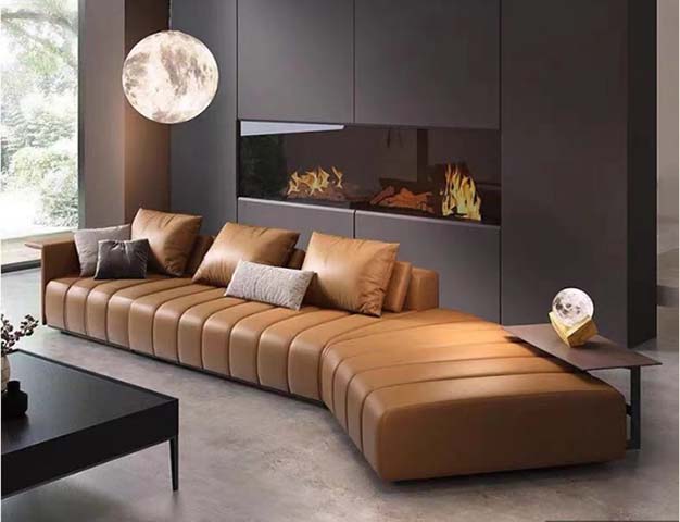 Curved L-Shaped Right Chaise Channel-Tufted Cognac Leather Sectional Sofa