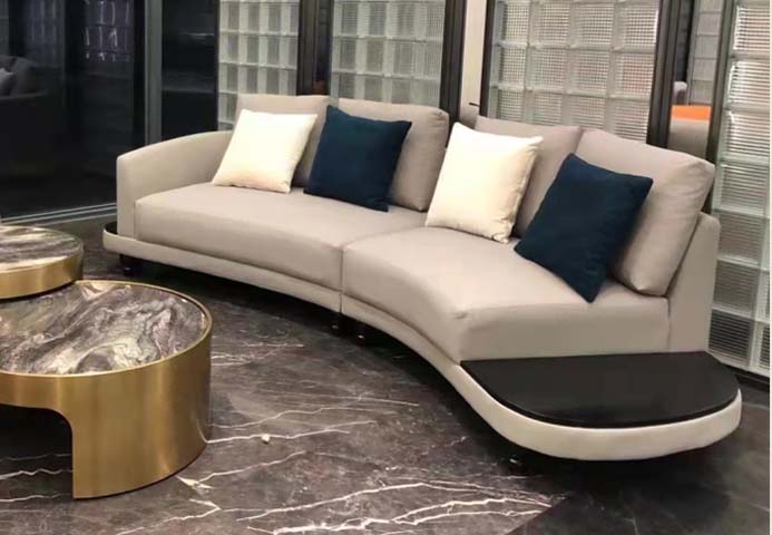 Beige Fabric Curved Modular Sectional Sofa with Integrated Black End Table
