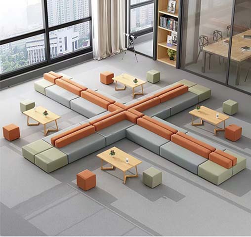 Four-Directional Cross Modular Commercial Lounge Seating Set with Coffee Tables and Ottomans
