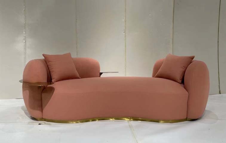 Blush Pink Curved 2-Seater Upholstered Loveseat with Integrated Side Tables