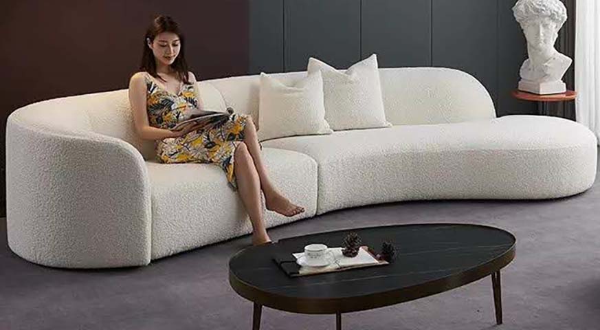 Cream White Boucle Curved Modular Sectional Sofa with Right Chaise