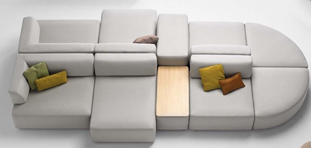 Modular Curved Linen Blend Sectional Sofa with Integrated Side Table