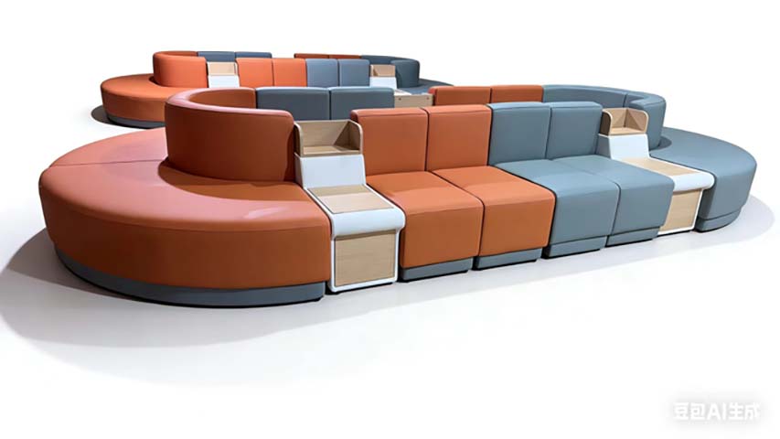 Curved Modular Collaborative Lounge Sofa System with Integrated Side Tables