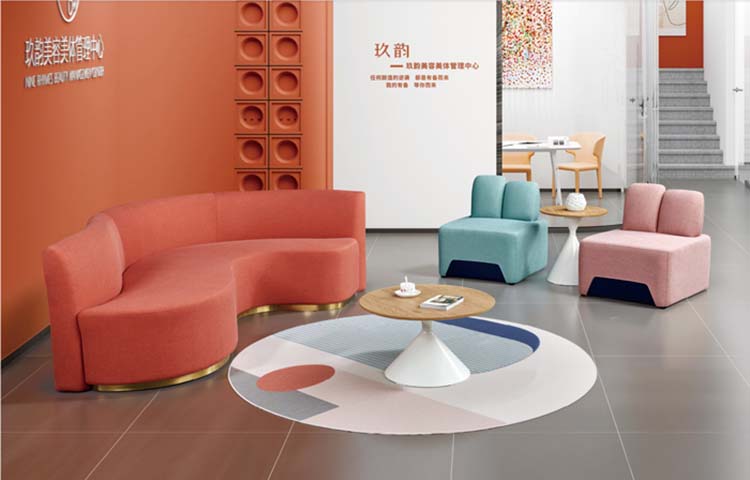 Curved Modular Commercial Reception Sofa Set with Single Lounge Chairs and Round Pedestal Coffee Tables