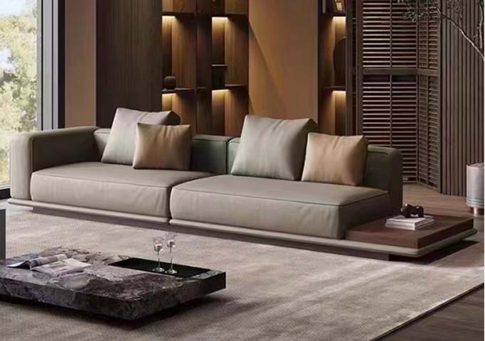Low-Profile Two-Tone Upholstered Sofa with Integrated Right Side Table