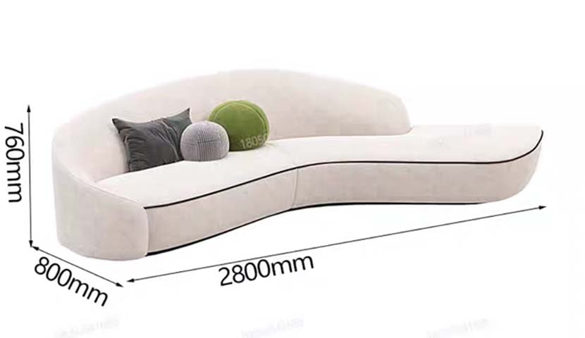 Cream Upholstered Asymmetrical Curved Sectional Sofa with Black Contrast Piping