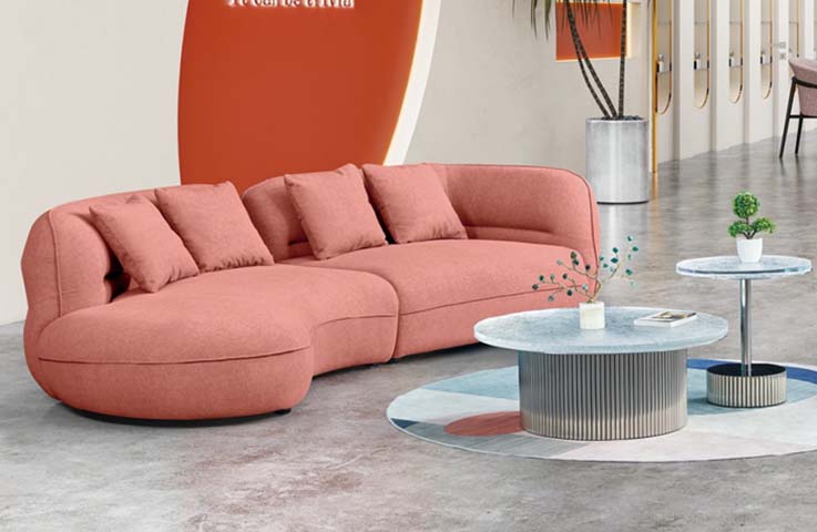 Pink Plush Fabric Curved Modular Sectional Sofa with Left Chaise