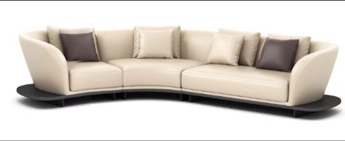 Curved Cream Upholstered 3-Seat Conversation Sofa with Integrated Dark Side Shelves