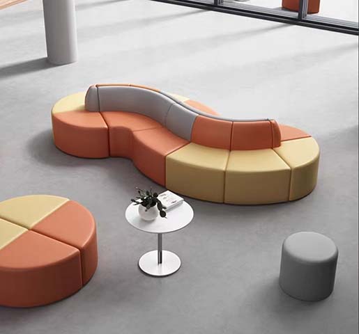 Color-Blocked S-Shaped Modular Curved Lounge Seating Set with Side Table and Ottomans