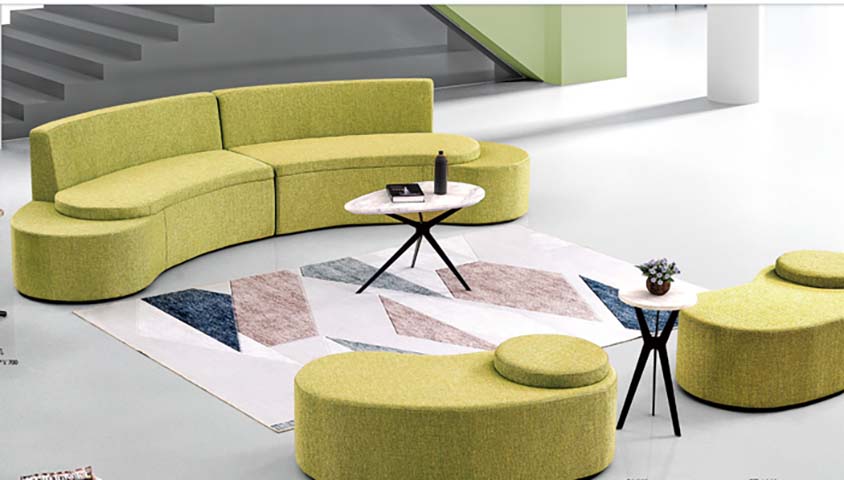 Lime Green Modular Curved Lounge Seating Set with Kidney Ottomans and Marble-Look Tripod Side Tables