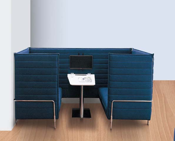 2-Person Enclosed Upholstered Office Meeting Booth with Central Table and Integrated Display Mount