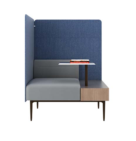 Single-Person Acoustic Privacy Booth Seat with Integrated Side Storage and Work Surface