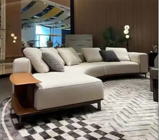 Off-White Curved Chaise Sectional Sofa with Integrated Wood Side Table