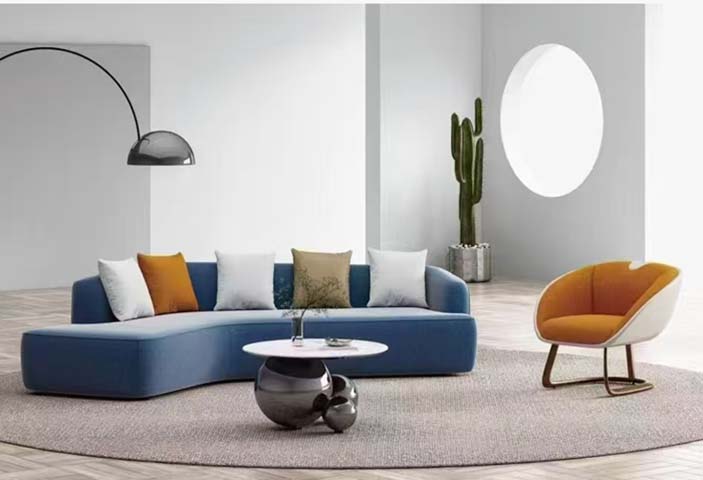 Modern Blue Armless Curved Sectional Sofa Set with Accent Chair and Sculptural Coffee Table