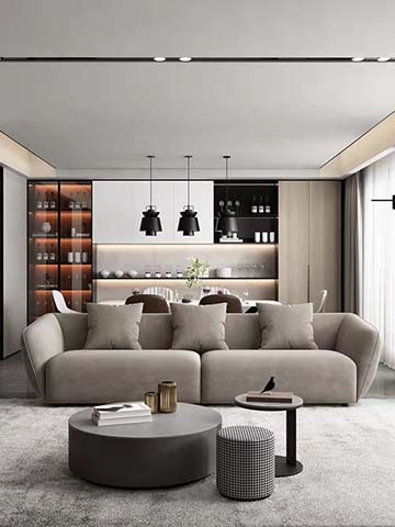 Modern Low-Profile Beige Upholstered Three-Seater Sofa with Curved Integrated Arms