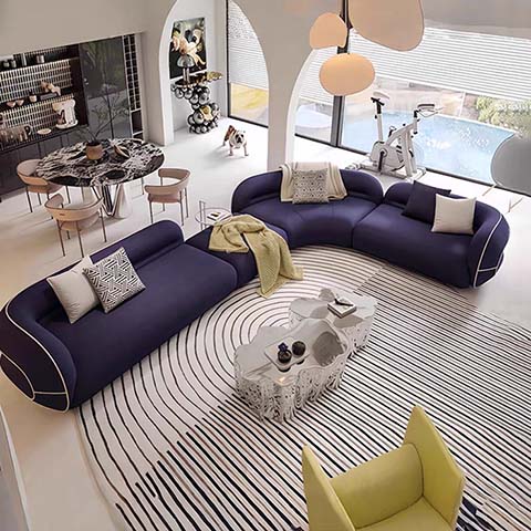 Dark Purple Curved Modular Sectional Sofa with White Contrast Piping