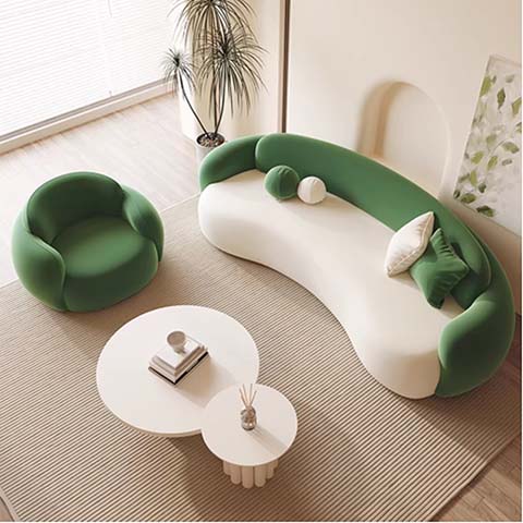 Cream Style Green-White Curved Sofa Set with Matching Armchair and Nested Double-Round Coffee Table