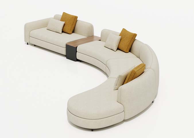 Cream Textured Fabric Curved Modular Sectional Sofa with Integrated Side Table