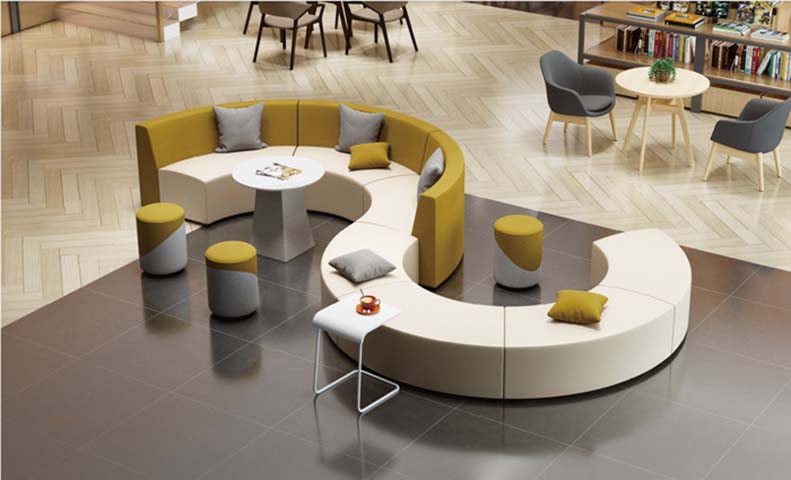 Two-Tone Mustard and Off-White C-Shaped Modular Curved Lounge Seating Set with Ottomans and Side Tables