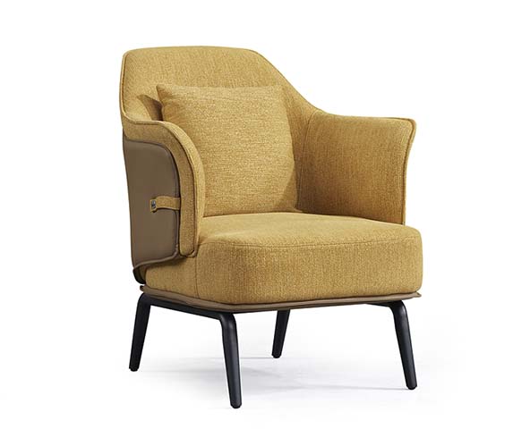 Mustard Yellow Fabric Upholstered Accent Armchair with Faux Leather Side Panel and Black Metal Legs