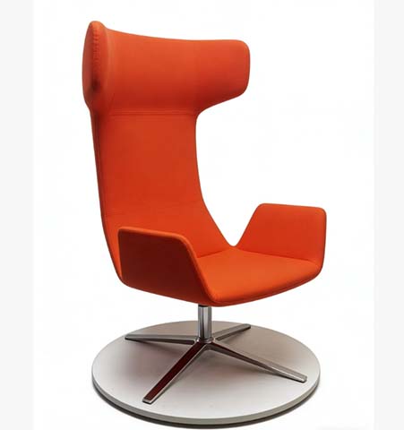Orange Upholstered High-Back 360&deg; Swivel Lounge Chair with Round Polished Metal Disc Base