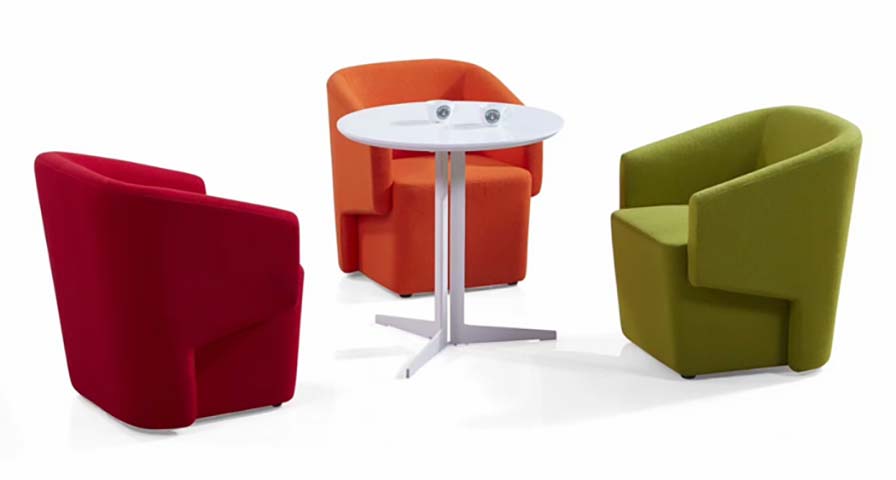 Small Round Bistro Meeting Table with 3 Upholstered Tub Lounge Armchairs