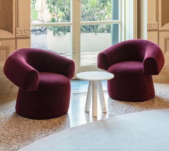 Burgundy Velvet Upholstered Swivel Barrel Lounge Armchair