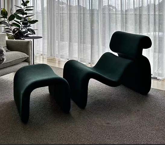 Dark Green Sculptural Armless Lounge Chair with Matching Ottoman