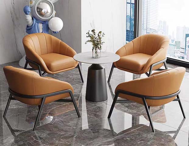 5-Piece Tan Faux Leather Reception Lounge Conversation Set with Round Sintered Stone Table