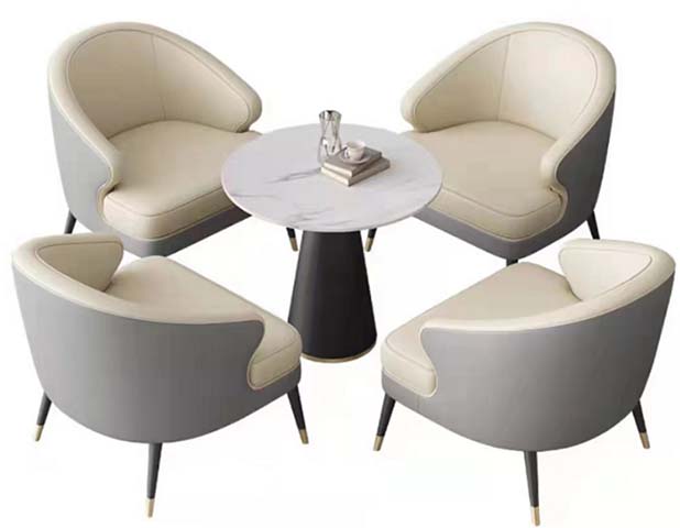 5-Piece Modern Light Luxury Lounge Reception Set (Round Pedestal Table + 4 Two-Tone Tub Accent Chairs)
