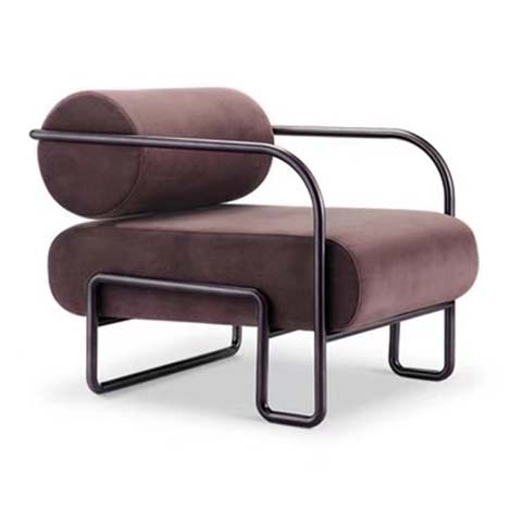 Dark Tubular Metal Frame Mauve Velvet Cylindrical Bolster Back Lounge Armchair