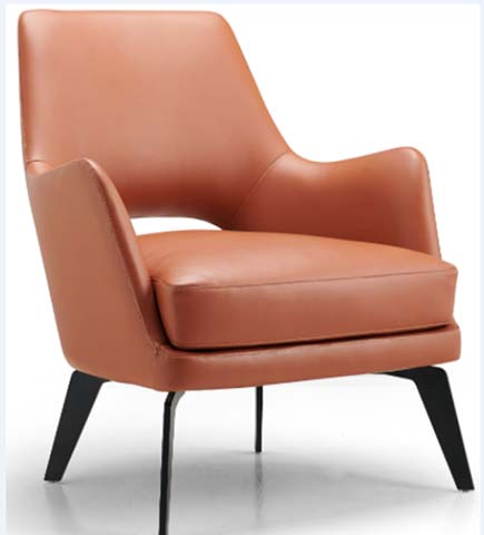 Mid-Century Modern Cognac Upholstered Lounge Armchair with Open Cutout Back and Black Splayed Metal Legs