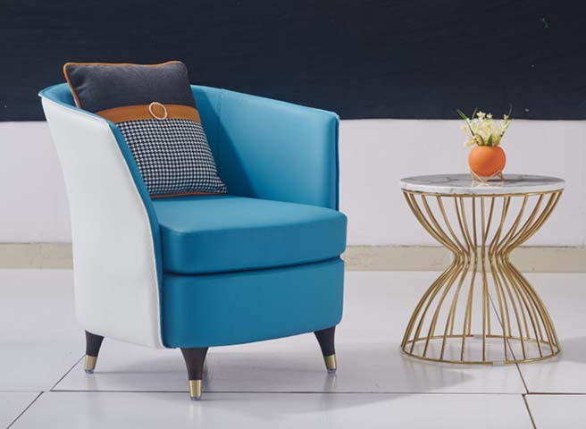 Two-Tone Blue-White Faux Leather Barrel Accent Chair with Round Gold Wire Hourglass Side Table Set