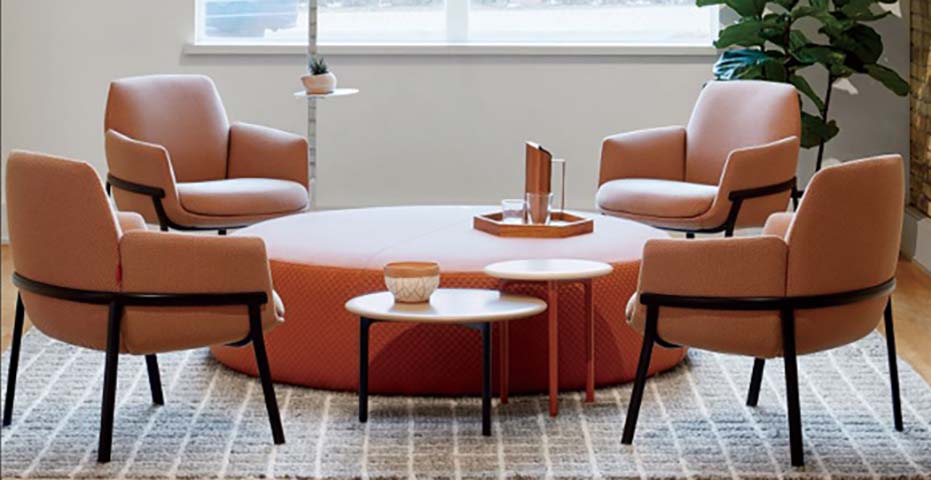 Terracotta Two-Tone Woven Fabric Round Upholstered Ottoman Coffee Table