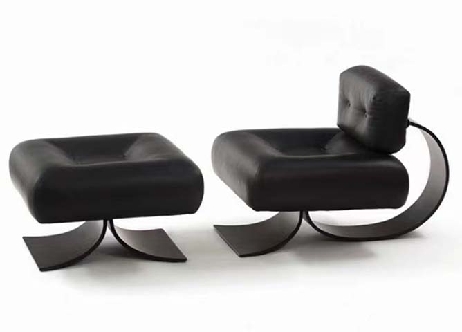 Black Tufted Armless Lounge Chair with Matching Ottoman, Curved Metal Cantilever Base
