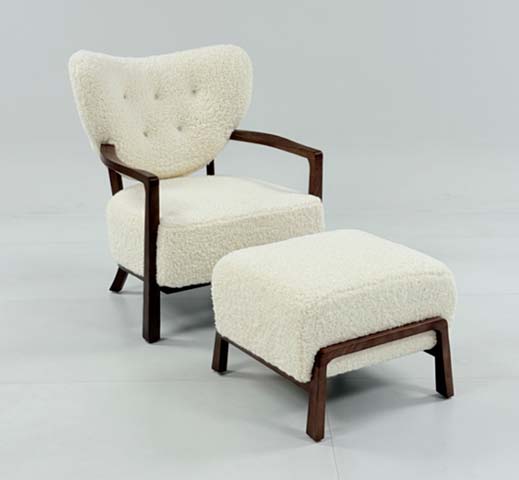 Mid-Century Cream Boucle Tufted Lounge Armchair with Matching Ottoman