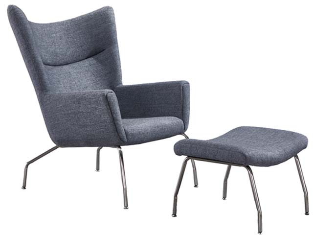 Grey Woven Fabric Wingback Lounge Chair with Matching Ottoman, Chrome Sled Legs