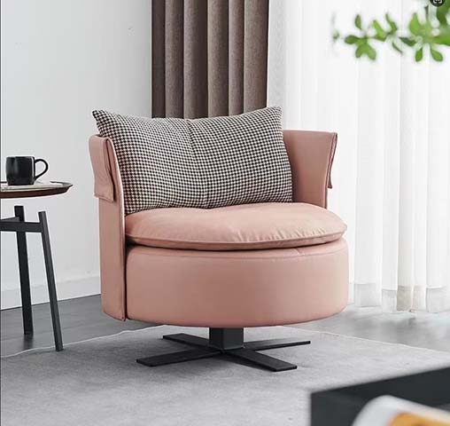 Blush Pink Upholstered 360&deg; Swivel Accent Armchair with Houndstooth Throw Pillow and Black Cross Metal Base