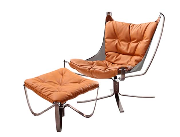 Falcon Style Tufted Tan Leather Chrome Cantilever Lounge Chair with Matching Ottoman